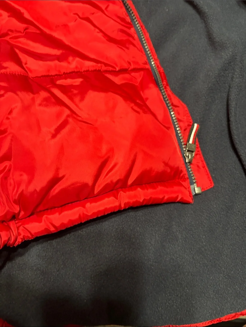 Tommy Hilfiger Red Hooded Puffer Jacket with Navy & White Stripes